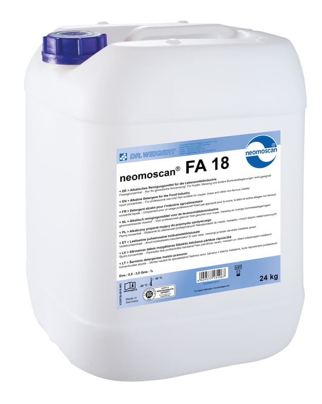 Der weiße 24 kg Kanister neomoscan FA 18 mit blauem Deckel