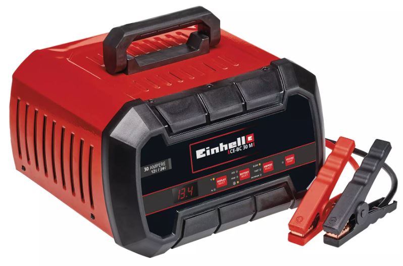 Rot-schwarzes Batterieladegerät mit schwarzer und roter Klemme