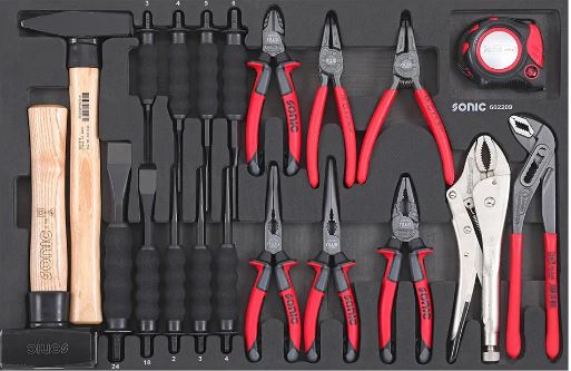 Schwarzer Schubladeneinsatz mit 22 teiligem Meißel, Hammer und Zangensatz