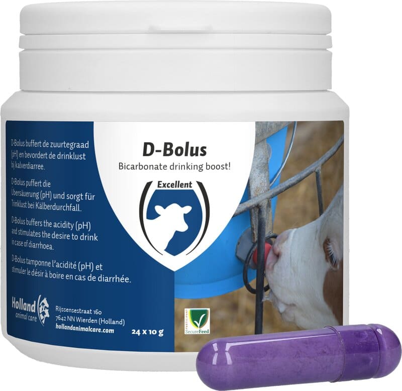 Ein Ergänzungsfuttermittel D-Bolus in lila Hülle liegt vor der blau-weißen Dose