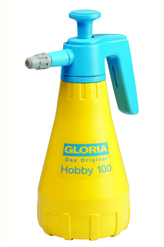 Gelbe Pflanzenspritze Gloria Hobby mit tuerkisem Spruehkopf