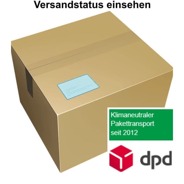 Karton mit Überschrift "Versandstatus einsehen" und DPD Etikett