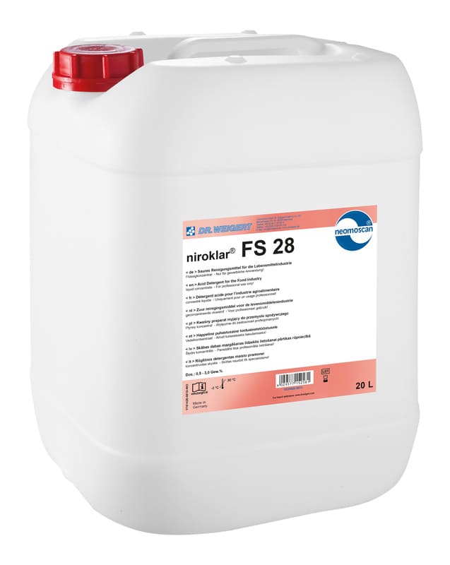 Der weiße 20 Liter Kanister niroklar FS 28 mit rotem Deckel