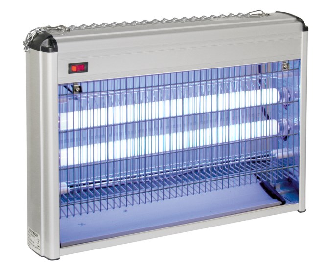 Kerbl Fliegenvernichter EcoKill mit silbernem Aluminiumgehäuse, rotem Schalter und 2 blau leuchtenden Leuchtröhren mit Gitter davor