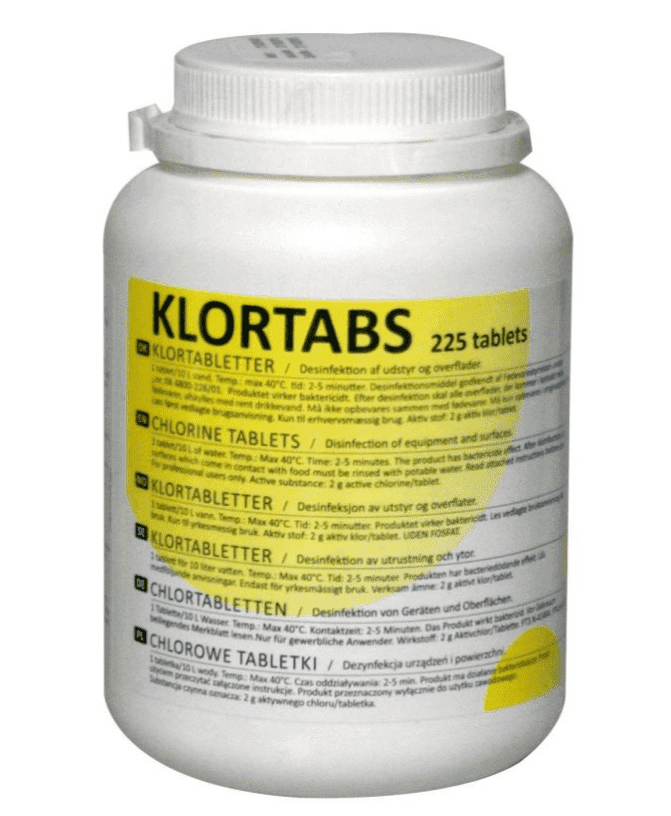 Die weiß, gelbe Dose mit der Aufschrift KLORTABS von Novadan