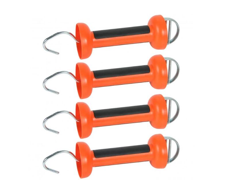 4 orangene Torgriffe übereinander mit silbernem Haken, silberner Öse für Weidezaun-Breitbänder und schwarzem Soft Touch