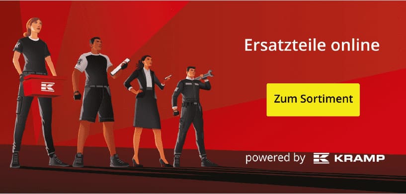 Roter Kramp Banner "Ersatzteile online" mit 4 nach rechts schauenden Personen