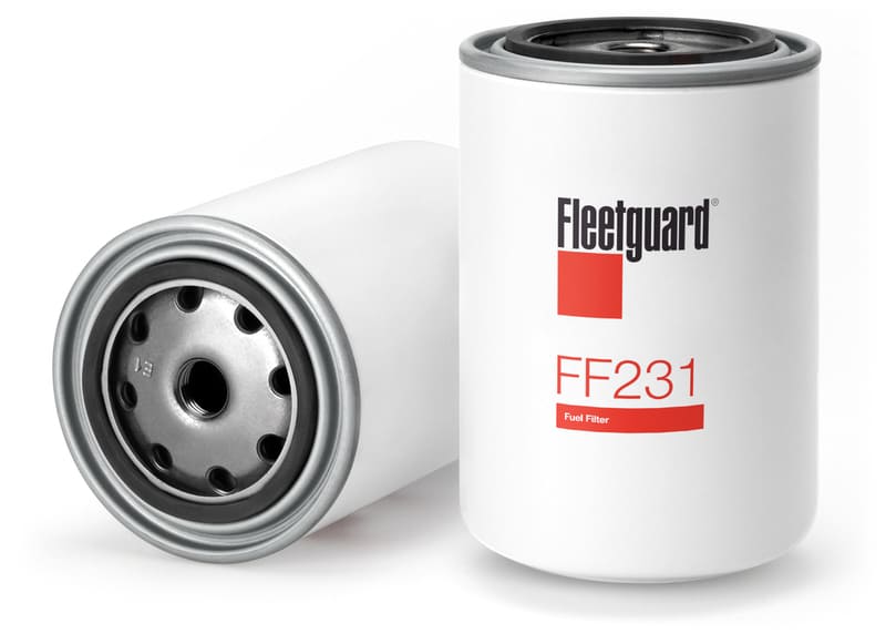 Ein liegender und ein stehender, weißer Kraftstofffilter von Fleetguard