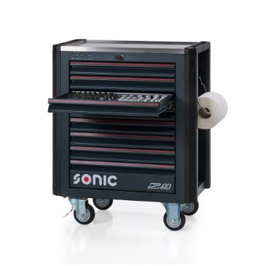 Schwarzer Sonic Werkstattwagen auf Rollen mit einer geöffneten Schublade