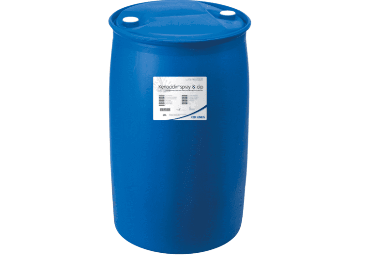 Blaues 200 Liter Fass mit CID LINES Dippmittel Kenocidin Spray & Dip